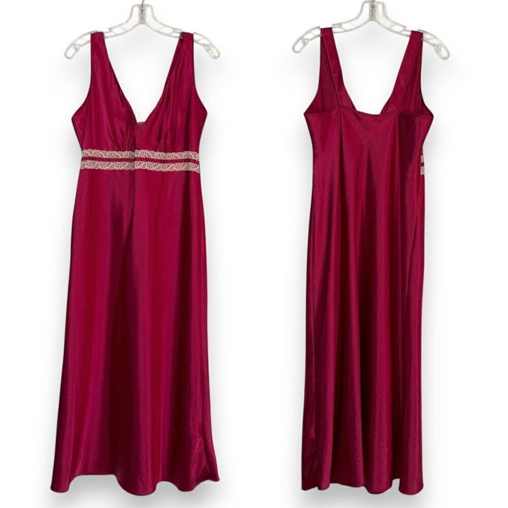 Vintage Red Satin Nightgown Slip Dress Lace Trim Medium - Picture 9 of 9